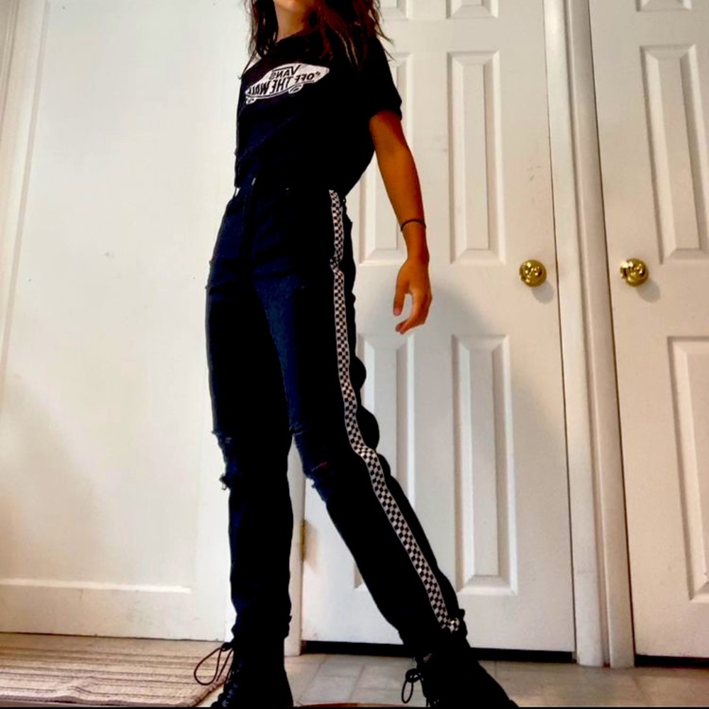 Distressed Black Jeans w/ Checkered Racing Stripes